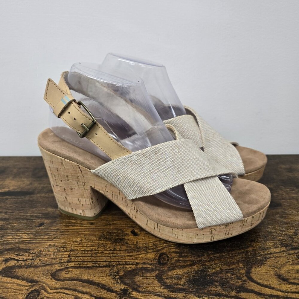Toms Ibiza Platform Sandals Women’s Size 10 Pearlized Metallic Woven Honey Cork